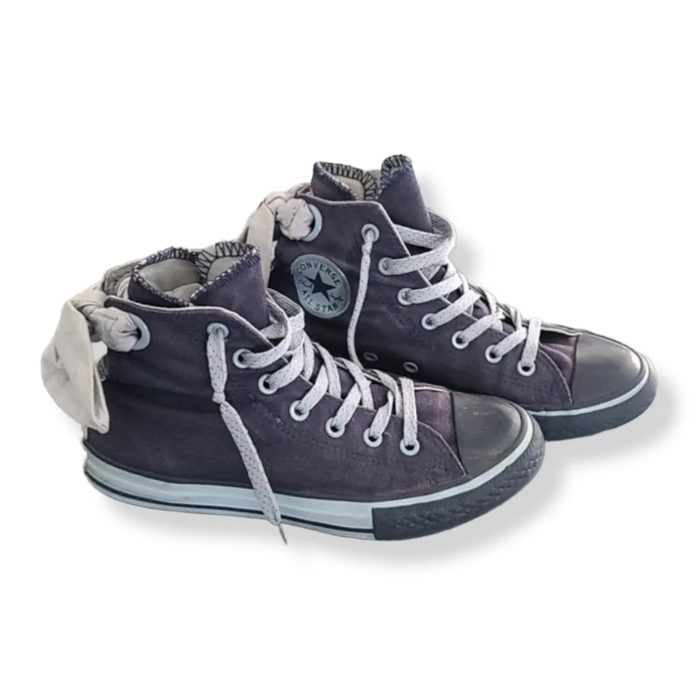 CONVERSE Blue Hi Top Sneakers Girls Size 2 Back Bows Double Tongue Chambray